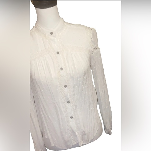 Free People Womens Ivory Button Up Crochet Back Long Sleeve Blouse Top Sz XS - Picture 2 of 7